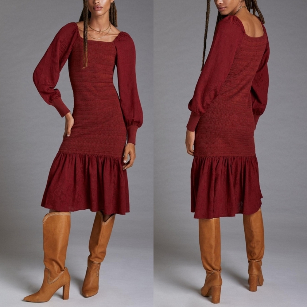 Anthropologie Smocked Puff-Sleeved Midi Dress